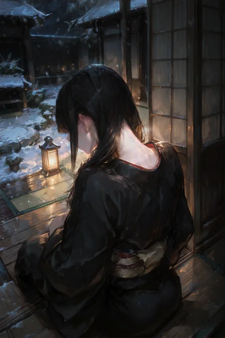 artist:, masterpiece, newest, very aesthetic, very awa, absurdres, highres, 1girl, long straight black hair, looking outside, black kimono, sitting on porch, facing away, snowing, garden, view from behind, tatami, neck, neck focus, hair over shoulder, close shot, night, warm lighting