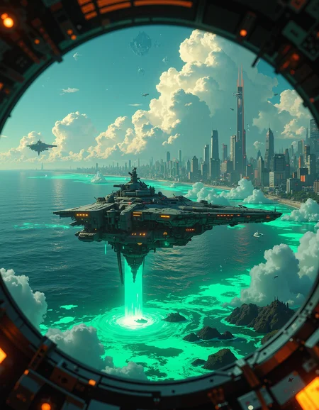 Scenery, landscape, cyberpunk flying ships over a green sea, white bioluminescence glow from the deep of the sea, the coast with big cyberpunk citys is in the background, the ships are flying between the clouds, the image is taken from one of those ships, photo taken from the cockpit of one of the ships,
hiperfocus, white clouds, extreame details, intrincate textures, at night,
<lora:detailed_v2_flux_ntc:1> <lora:Anime art:1>