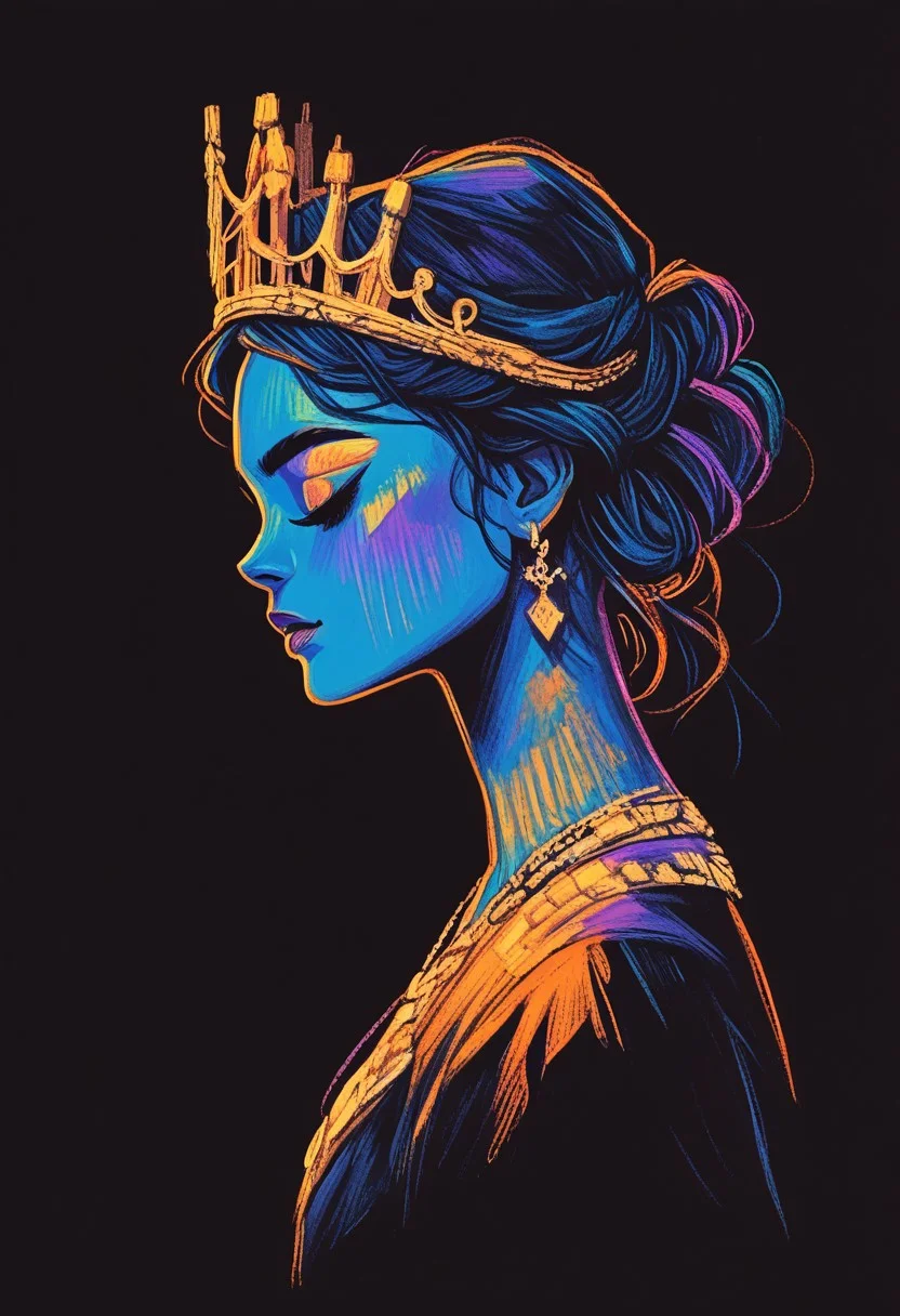 score_9, score_8_up, score_7_up, score_6_up, aesthetic, s1_dram, ncpy13 style, pastels drawing, deep black background,  Using deep blue, gold and black colors create A beautiful young woman dressed as the queen of darkness sits on a throne made entirely of skulls. She's wearing a flowing black dress with gold accents and has a crown made of tiny bats perched atop her head. Her partner, a tall, lean man dressed as Dracula, stands behind her in the shadows. The style is a dark fantasy setting, upperbody portrait, elegant, intricate details.