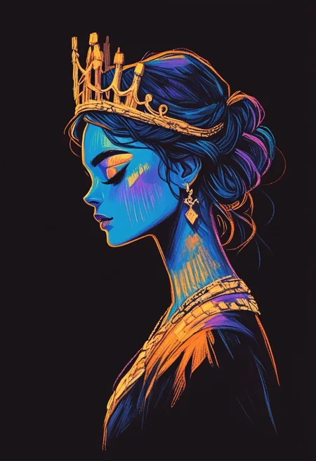 score_9, score_8_up, score_7_up, score_6_up, aesthetic, s1_dram, ncpy13 style, pastels drawing, deep black background, Using deep blue, gold and black colors create A beautiful young woman dressed as the queen of darkness sits on a throne made entirely of skulls. She's wearing a flowing black dress with gold accents and has a crown made of tiny bats perched atop her head. Her partner, a tall, lean man dressed as Dracula, stands behind her in the shadows. The style is a dark fantasy setting, upperbody portrait, elegant, intricate details.