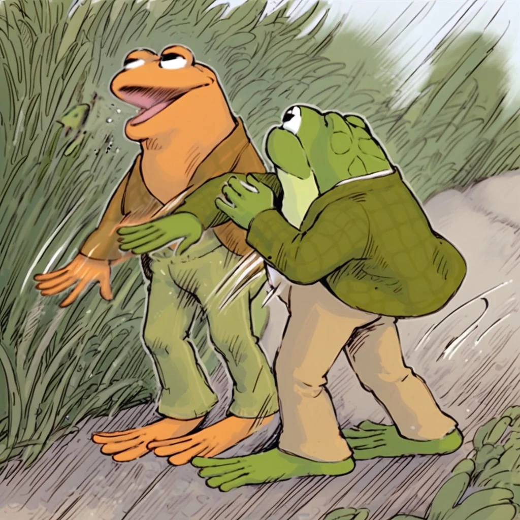score_9, score_8_up, score_7_up, 2boys, frog and toad, slapping, motion lines, motion blur, 2boys, outdoors, by Lobel