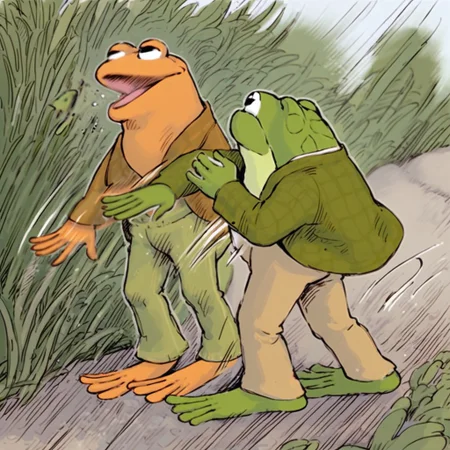 score_9, score_8_up, score_7_up, 2boys, frog and toad, slapping, motion lines, motion blur, 2boys, outdoors, by Lobel