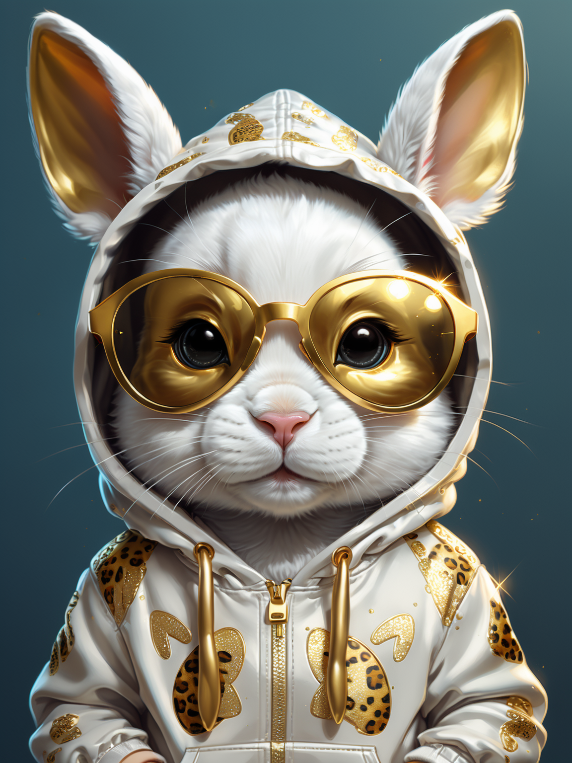 Full-bodied portrait, cute and adorable cartoon white rabbit baby wearing a gold jaguar print hoodie and silver sunglasses, fantasy, dreamlike, surrealism, super cute, trending on artstation <lora:xl_more_art-full_v1:1>