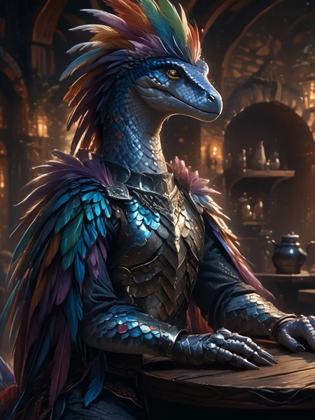 score_9, score_8_up, score_7_up, source_anime, source_western, source_comic BREAK 1girl, raptor girl with mane of feathers sitting at table in fantasy tavern, pale opalescent scales, rainbow feathers, wearing black scale armor <lora:Scales_Feathers_and_Cracks_XL:1.0> scales, feathers <lora:Scale_Armor_r2:0.5> SCLARMR, Scale Armor <lora:Dragon_and_Lizard_babes:0.6> <lora:Raptors_LoRA_v2:0.6> dromaeosaurid, feathered dinosaur <lora:Pride_Before_The_Fall_Rainbows:1> prideb4fall <lora:vivid_everclear:0.6>