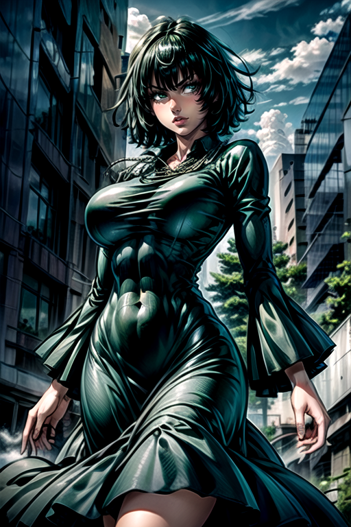 best quality, masterpiece <lora:Fubuki2:1> <lora:more_details:1> fubuki2, 1girl, solo, breasts, looking at viewer, short hair, bangs, large breasts, black hair, long sleeves, dress, jewelry, closed mouth, green eyes, standing, collarbone, outdoors, sky, day, cloud, necklace, black dress, blue sky, lips, covered navel, building, green dress, collared dress, taut clothes, pearl necklace, taut dress