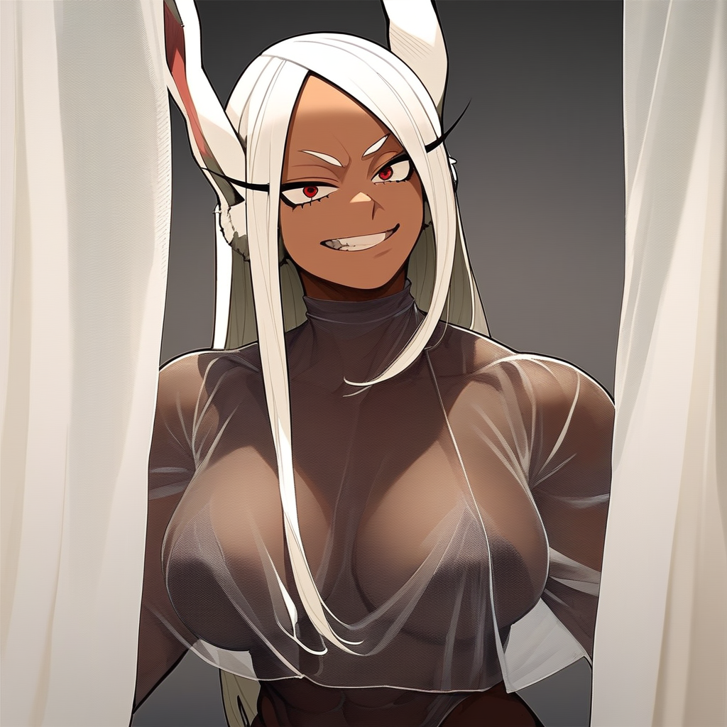 score_9, score_8_up, score_7_up,boku_no_hero_academia, my hero academia, Mirko, behindcurtain, b3hindcurt4in, BREAK, MILF, large breasts, 25 year old female, Mirko\(my hero academia\), 1woman, dark-skinned_female, red eyes, smirk, sexy, horny, (white hair) see-through, see-through_curtains, see-through_silhouette, silhouette