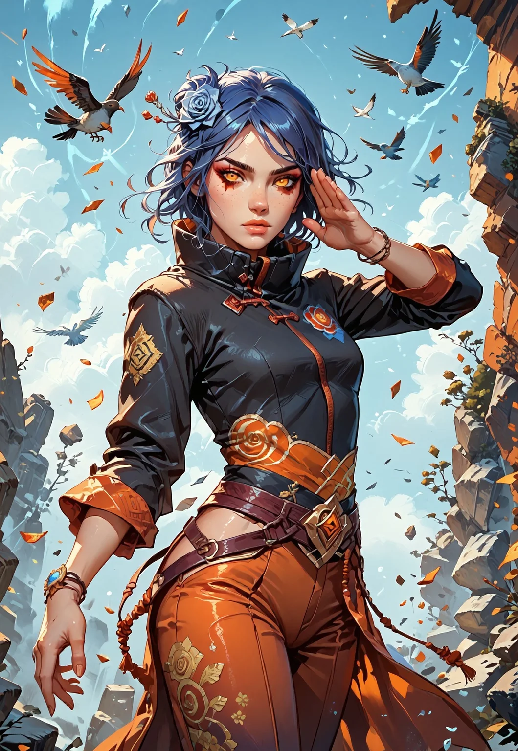 ((zPDXL3)), ((masterpiece,best quality, highly detailed)), ((score_9)), score_8_up, score_7_up, score_6_up, score_5_up, score_4_up, Digital painting style, brushstrokes, ((EnhanceImage)), solo, 1girl, KonanNSHXL, makeup, orange eyes, blue hair, short hair, single hair bun, hair flower, medium breasts, high collar, black coat, coat with cloud print, long sleeves, pants, sandals, origami, swirls of origami, origami birds,
Expressiveh, 30yo, adult lustful confident woman, petite, slender body, perky saggy natural breasts, full lips, bangs, sidelocks, straps,
chinese magical sorceress, animated, swirling magic, wisps of magic, ((dancing pose)), tight squeezed outfit, magical accessories, evoking motion, conveying motion, dynamic splash art,
<lora:PainterlyFantasiaPDXL:0.6>,