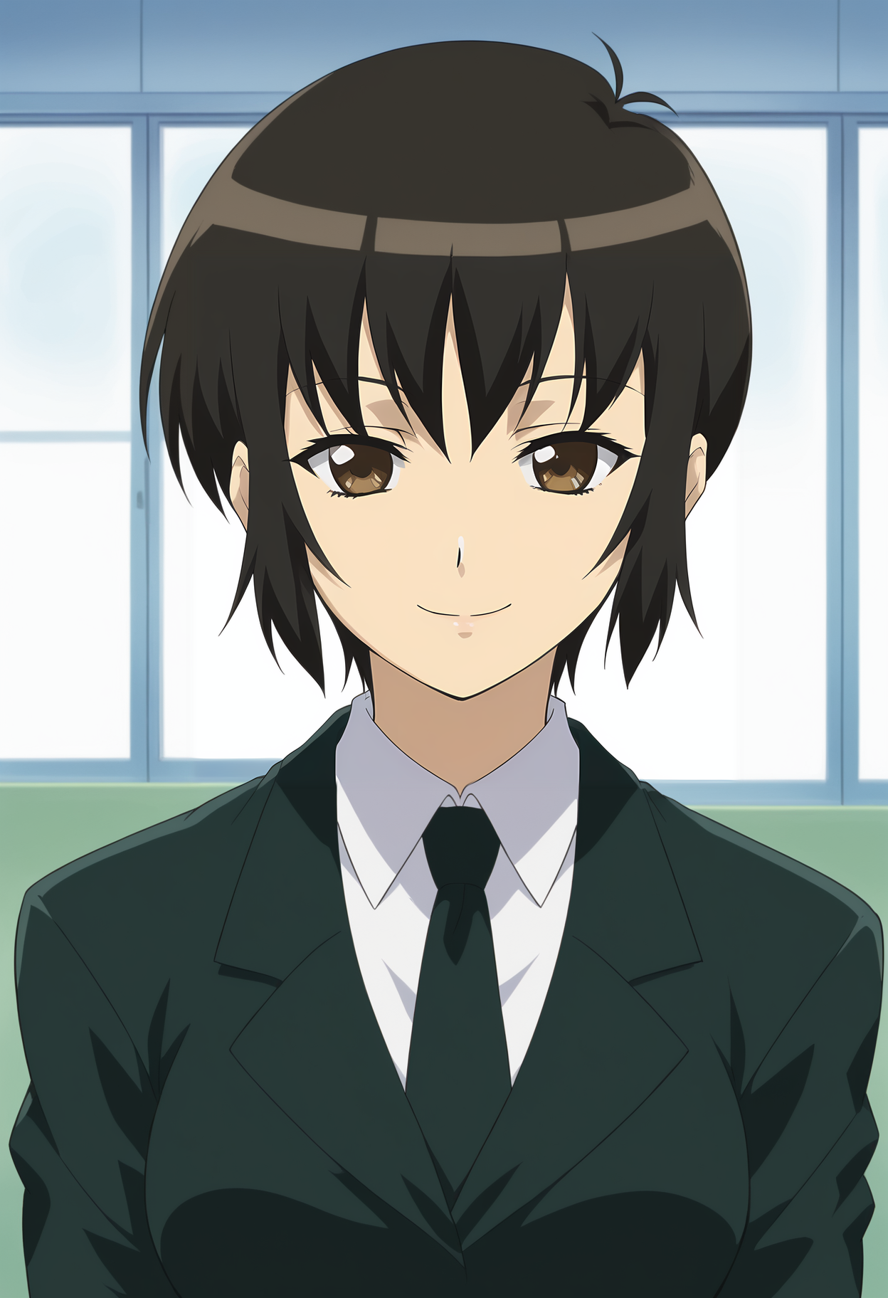 <lora:Kosame-Girls_Bravo:0.8>,1girl,solo,Kosame,short hair,black hair,brown eyes,anime coloring,suit,formal,necktie,upper body, looking at viewer, smile, indoors,