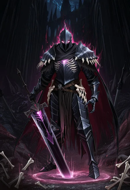 MASTERPIECE, AMAZING QUALITY, 3NDL3SS, DARK KNIGHT, BONE ARMOR, FANTASY, GREATSWORD, GLOWING EYES, DARK MAGIC