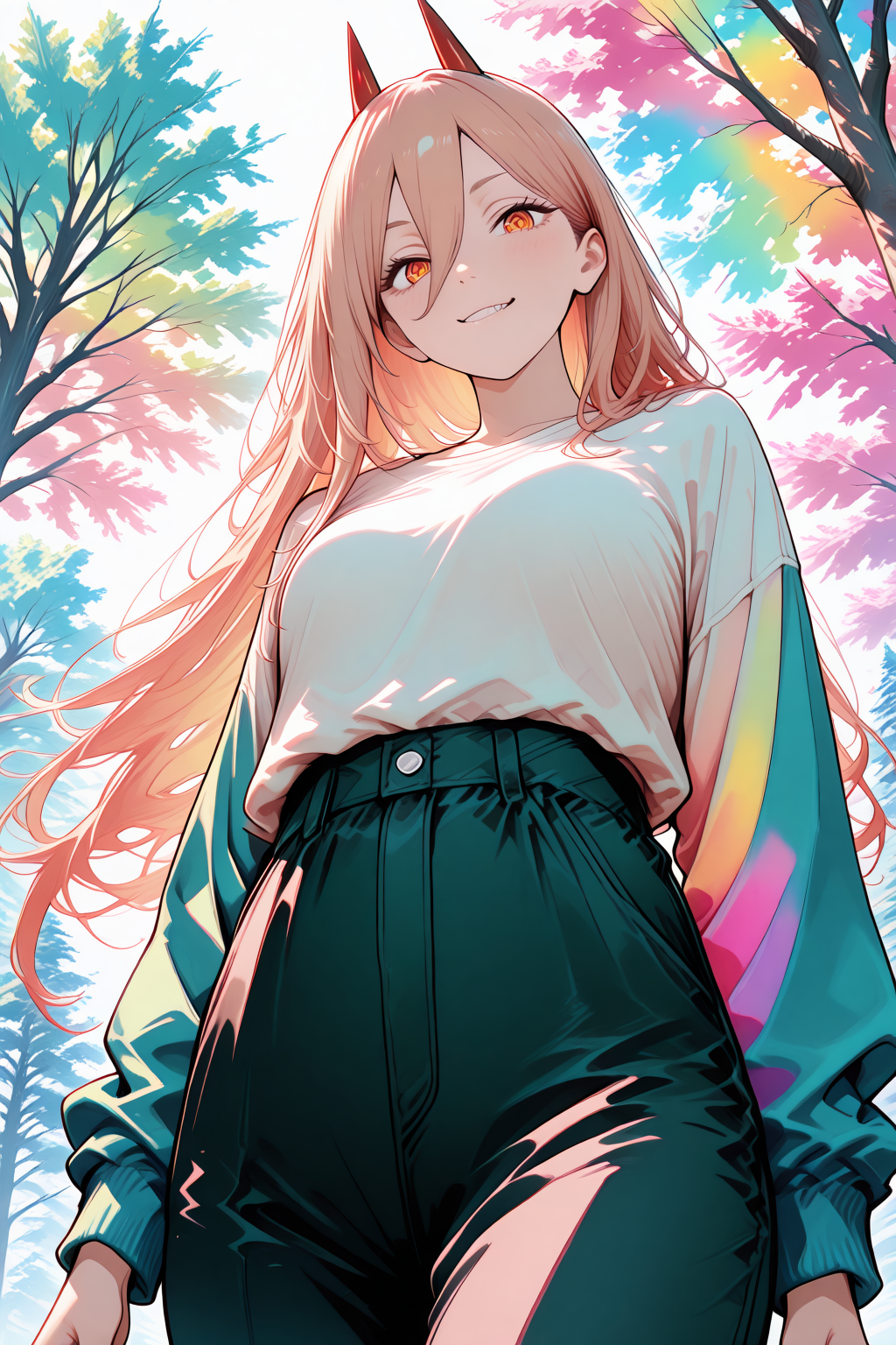 lazympos, rkgk art, rkgk,unfinished, sketch, 1girl,power \(chainsaw man\),looking at viewer,happy,outdoors, from below, tree,vibrant colors,colorful,soft lighting,volumetric lighting,light behind character,soft shading,rich detailing,