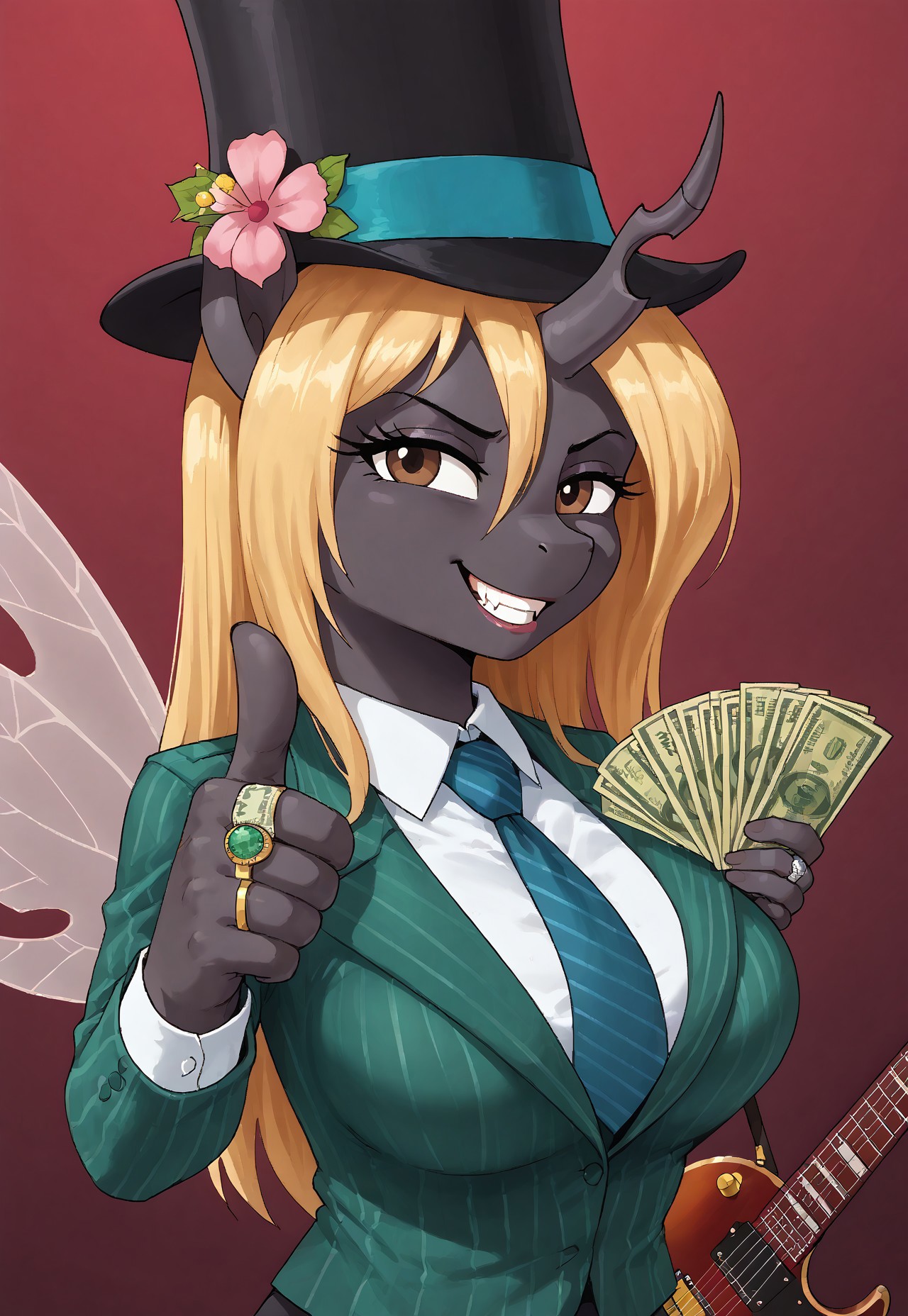 safe_pos, masterpiece, score_9_up, score_8_up, score_7_up, score_6_up, source_pony, (best quality:1.1), ultra-detailed, high resolution, highly detailed macro illustration, solo BREAK 1girl, Helvia, changeling queen oc, mlp, anthro, black skin, shiny skin, long blonde mane, (beautiful brown eyes), long eyelashes, single horn, ears, insect wings, (sly expression, evil face:1.1), breasts, good_hands BREAK <lora:gangstersb-guy-PONYv1:0.8>, thumbs up, one eye closed, grin, holding money, portrait, cropped torso, jewelry, rings, formal, striped, necktie, pink flower, green suit, looking at viewer, long top hat, (red guitar on shoulder) BREAK Abstract background BREAK sharp focus, perfect lighting, anatomically correct, extremely detailed, tranquil setting, high detail