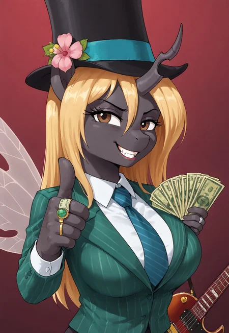 safe_pos, masterpiece, score_9_up, score_8_up, score_7_up, score_6_up, source_pony, (best quality:1.1), ultra-detailed, high resolution, highly detailed macro illustration, solo BREAK 1girl, Helvia, changeling queen oc, mlp, anthro, black skin, shiny skin, long blonde mane, (beautiful brown eyes), long eyelashes, single horn, ears, insect wings, (sly expression, evil face:1.1), breasts, good_hands BREAK <lora:gangstersb-guy-PONYv1:0.8>, thumbs up, one eye closed, grin, holding money, portrait, cropped torso, jewelry, rings, formal, striped, necktie, pink flower, green suit, looking at viewer, long top hat, (red guitar on shoulder) BREAK Abstract background BREAK sharp focus, perfect lighting, anatomically correct, extremely detailed, tranquil setting, high detail
