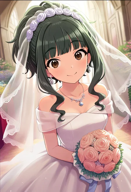 masterpiece,best quality,amazing quality, fujii tomo, brown eyes, dark green hair, 1girl, jewelry, solo, dress, earrings, flower, smile, necklace, bouquet, looking at viewer, wedding dress, bug