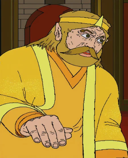 score_9, score_8_up, score_7_up, score_6_up, score_5_up, score_4_up, source_cartoon, indoors, 2D, flat shading, flat color, jaggy lines, 1boy, male focus, solo, facial hair, beard, mustache, indoors, upper body, blonde hair, king harkinian, open mouth, armor, chair, door, long sleeves, sitting, brown eyes, orange robe, yellow cape, looking to the side, crown
 <lora:cdi_pdxl_:1>