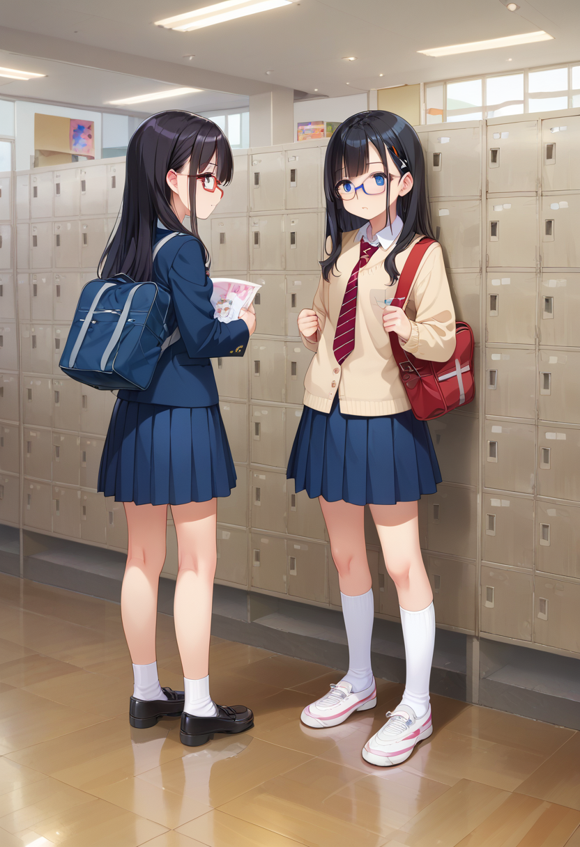 score_9, score_8_up, score_7_up, rating_safe, masterpiece, best quality, absurdres, unity 8k wallpaper, official art, official style, source_anime, uncensored, game cg, megami magazine,
multiple girls, glasses, black hair, long hair, blue eyes, collared shirt, red necktie, pleated skirt, blue skirt, socks, shoes, school bag,
getabako, locker, indoors, school, 
 <lora:gakkou_getabako_PONY_V1:1>