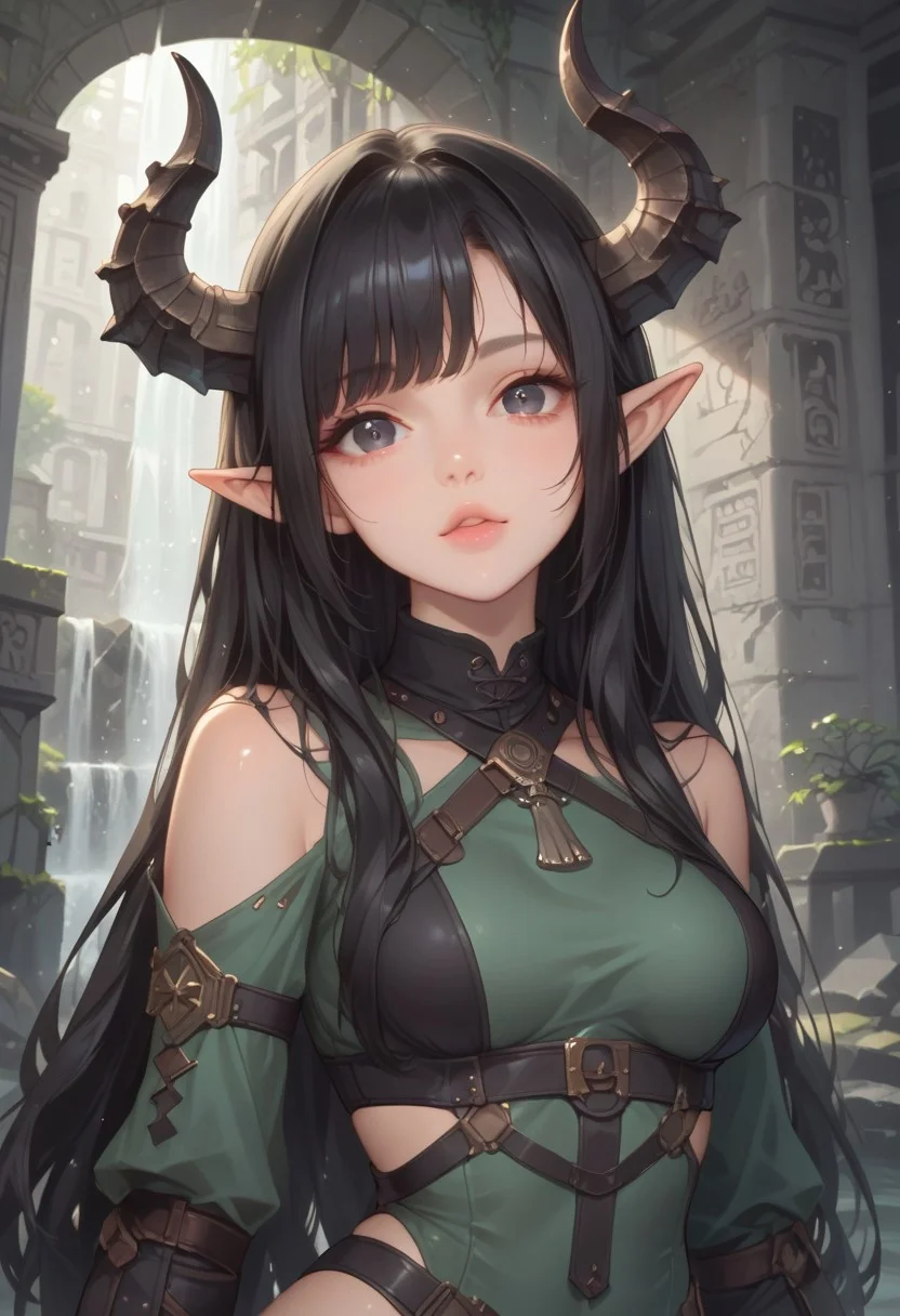 zPDXL3, score_9, score_8_up, score_7_up, rating safe, 1girl, elf girl, horns, solo, 21year old, black hair, messy ponytail, fringe, black eyes, medium breasts, petite body, glossy skin, wildling druid gear, animal bones as adornments, overgrown ruins, ancient statues, bright green moss, shimmering insects, distant waterfall, cool shadows, looking at viewer, eye contact, dutch angle, warm light, godrays, volumetric lighting, vivid colors, painterly, glitch art photo,