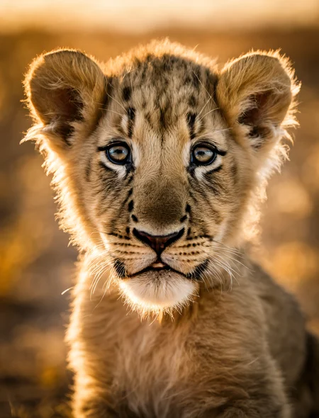 National Geographic award winner photo a cute baby lion, newborn lion, RAW photo, closeup, baby lion, detailed eyes, melancholic eyes, infant lion showing the tong tip, Fuji X-T3, high quality, film photography, golden-hour