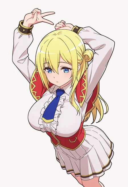 Smooth Quality,masterpiece,very intricate, high quality details, ultra realistic, high detailed skin,detailed enviorement,absurdres,
gyaru v,solo,
<lora:Enome_CNR:0.8> enome_cnr, blonde hair, blue eyes, long hair, large breasts, hair between eyes, white shirt, blue necktie, collared shirt, long sleeves, skirt, capelet, necktie, center frills,single hair bun, half updo,, simple background, white background, dutch angle,
stretching, arms up, tiptoe, arched back, elegant, ,, bustier, ,anorak, ,panel skirt, ,, | |,
