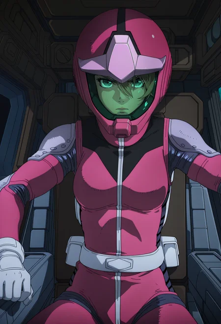 masterpiece, best quality, good quality, <lora:GTBBianca:1>, GTBBianca, 1girl, green eyes, breasts,
pink helmet, green visor, pink pilot suit, white gloves, white belt,
serious, looking at viewer, 
BREAK cockpit, indoors,