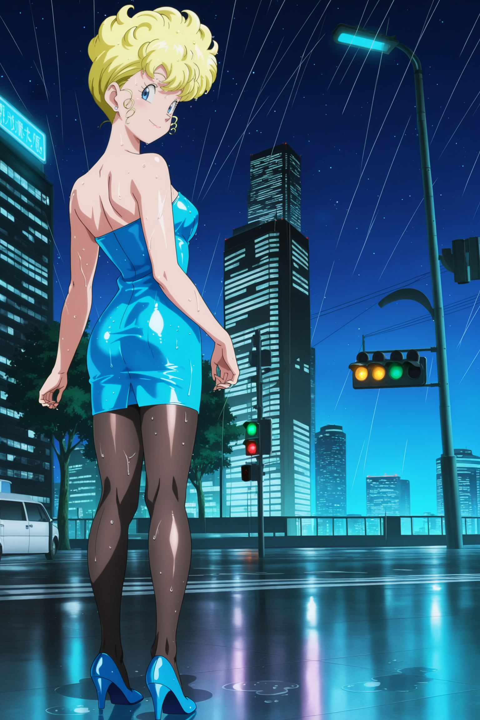 anime screencap, absurdres, high quality, official style, 
panchy, blonde hair, short hair, curly hair, blue eyes, star \(sky\), neon, skyscraper, long blue pencil dress, collarbone, bare shoulders, pantyhose, blue high heels, looking back, from behind, smile, night sky, star \(sky\), wet floor, rain, wet hair, wet clothes, wet skin, traffic light, dappled moonlight, 
 <lora:Panchy_IL:0.8>