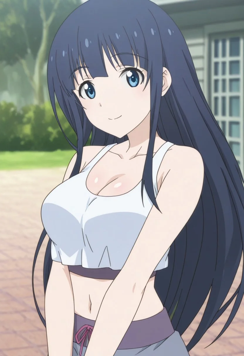 anime screencap, anime coloring, official artstyle, masterpiece, best quality, amazing quality, Saotome Shizuno (character), 1girl, solo, long hair, black hair Post Hip length, blue eyes, perfect eyes, black eyebrows, perdect eyebrows, perfect face, looking at viewer, smile, white crop top, grey skirt, big breasts, cleavage, upper body, midriff, navel, outdoors sportsground, day, dynamic light, natural breasts, natural beauty