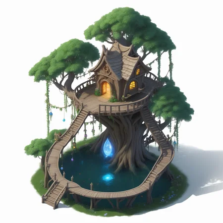 (((masterpiece))),(((best quality))),((ultra-detailed)),solo,isometric,
WAM_bd,solo,
An elf treehouse by the Starlight Lake, with a large moonwell in the center, surrounded by glowing flowers and vines, and the treehouse shimmering with starlight,,
(white background, simple background:1.5),fantasy art,
 <lora:WAMå»ºç­æ¨¡å:0.8>