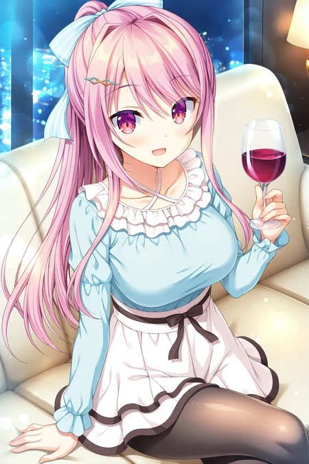 masterpiece,best quality,amazing quality,highres,scenery,newest,1girl,official style,kaguya,hair ornament,bangs,hairclip,pink hair,long hair,hair between eyes,red eyes,kaguya daily,skirt,white skirt,pantyhose,shirt,ponytail,long sleeves,blue shirt,black pantyhose,striped,striped bow,blue bow,high ponytail,<lora:kaguya:1>,bedroom,night,sofa,sitting,looking at viewer,crossed legs,blush,smile,open mouth,wine glass,holding glass,arm support,