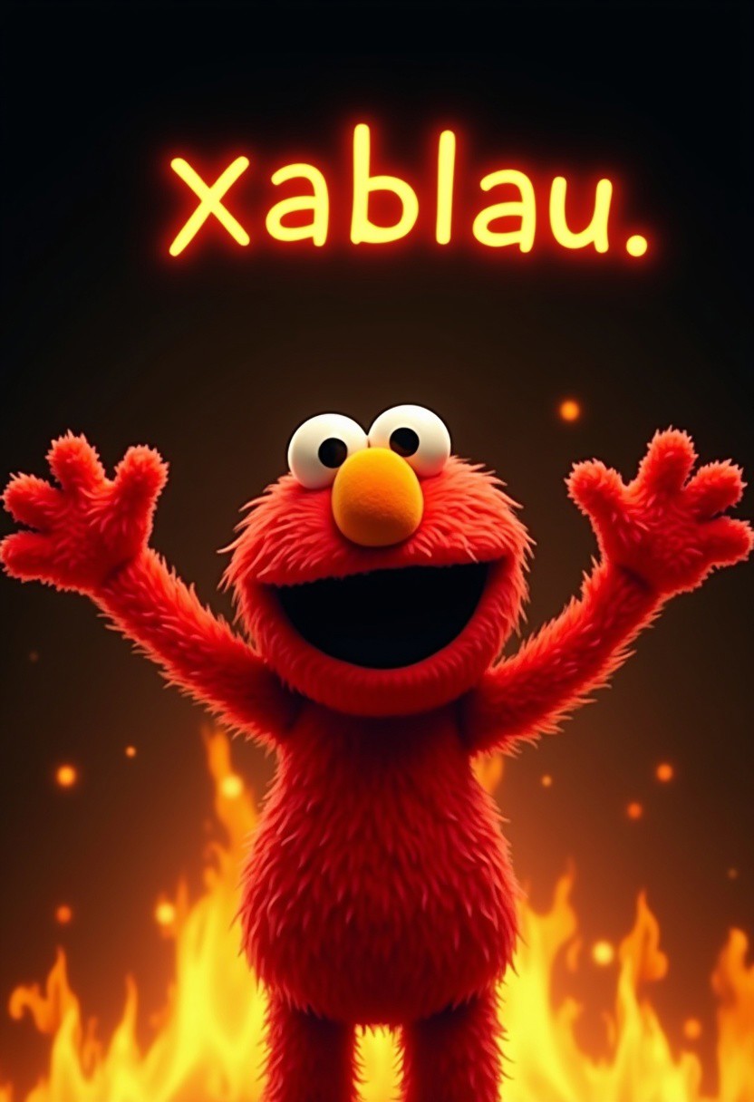 high-resolution Image, elmo, elmo from sesame street, elmo with arms up, fire, fire background, elmo screaming, text: xablau, text above elsmo saying xablau, reslistic, photorelistic, real, scary, black background with fire, complex text,