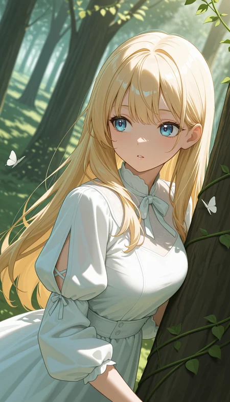 masterpiece, best quality, amazing quality, 4k, very aesthetic, high resolution, ultra-detailed, absurdres, newest, scenery, (dappled sunlight:1.2), rim light, backlit, dramatic shadow, 1girl, long blonde hair, blue eyes, shiny eyes, parted lips, medium breasts, puffy sleeve white dress, forest, flowers, white butterfly, looking at viewer, sideways glance, leaning side against tree, vines, green, arms, upper body, close-up, dutch angle, shiny skin, BREAK, dramatic shadow, depth of field, vignetting, volumetric lighting