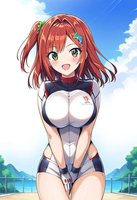score 9, score 8 up, source anime, masterpiece, best quality, detailed eyes, detailed face, 1girl, solo, cowboy shot, outdoors, sky, blush, open mouth, smile,
front view, facing viewer, 
Iruka Sakimiya, green eyes, red hair, one side up, large breasts,