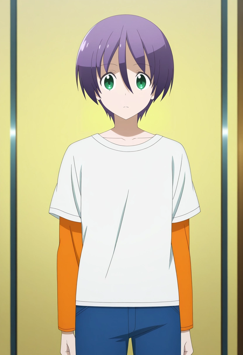 masterpiece, best quality, anime screencap, official style, anime coloring, cowboy shot, 1boy, solo, male focus, <lora:nasa_yuzaki_ilxl:1>, nasa_yuzaki, purple hair, green eyes, short hair, hair between eyes, ,