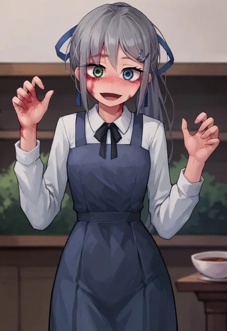 score_9, score_8_up, score_7_up, score_6_up, score_5_up,score_4_up, sylvie, grey hair, long hair, heterochromia, blue eyes, green eyes, excited, small breast, pinafore dress