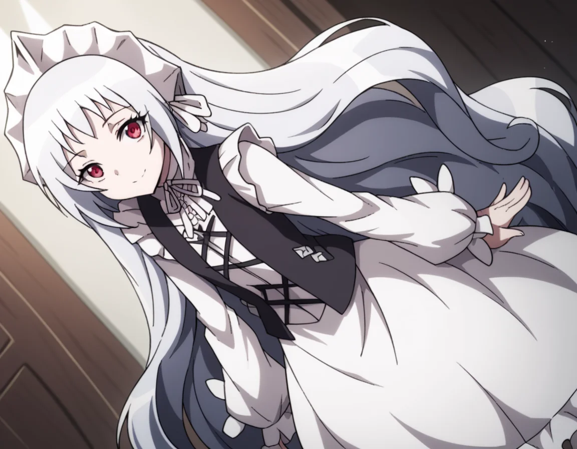 score_9, score_8_up, score_7_up, source_anime,
ironmaidenjeanne, <lora:iron-maiden-jeanne-2021-ponyxl-lora-nochekaiser:1>,
jeanne, long hair, very long hair, white hair, red eyes,
dress, frills, white dress, frilled sleeves, long sleeves, ribbon, headdress, white headdress, black vest, criss-cross straps,
indoors, smile, bent over,
looking at viewer, cowboy shot, solo, dutch angle