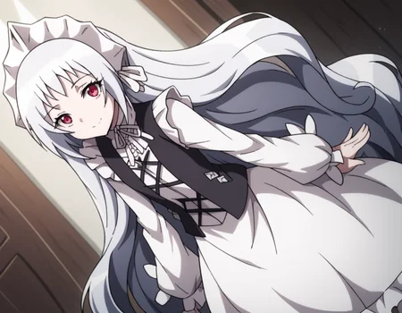 score_9, score_8_up, score_7_up, source_anime,
ironmaidenjeanne, <lora:iron-maiden-jeanne-2021-ponyxl-lora-nochekaiser:1>,
jeanne, long hair, very long hair, white hair, red eyes,
dress, frills, white dress, frilled sleeves, long sleeves, ribbon, headdress, white headdress, black vest, criss-cross straps,
indoors, smile, bent over,
looking at viewer, cowboy shot, solo, dutch angle