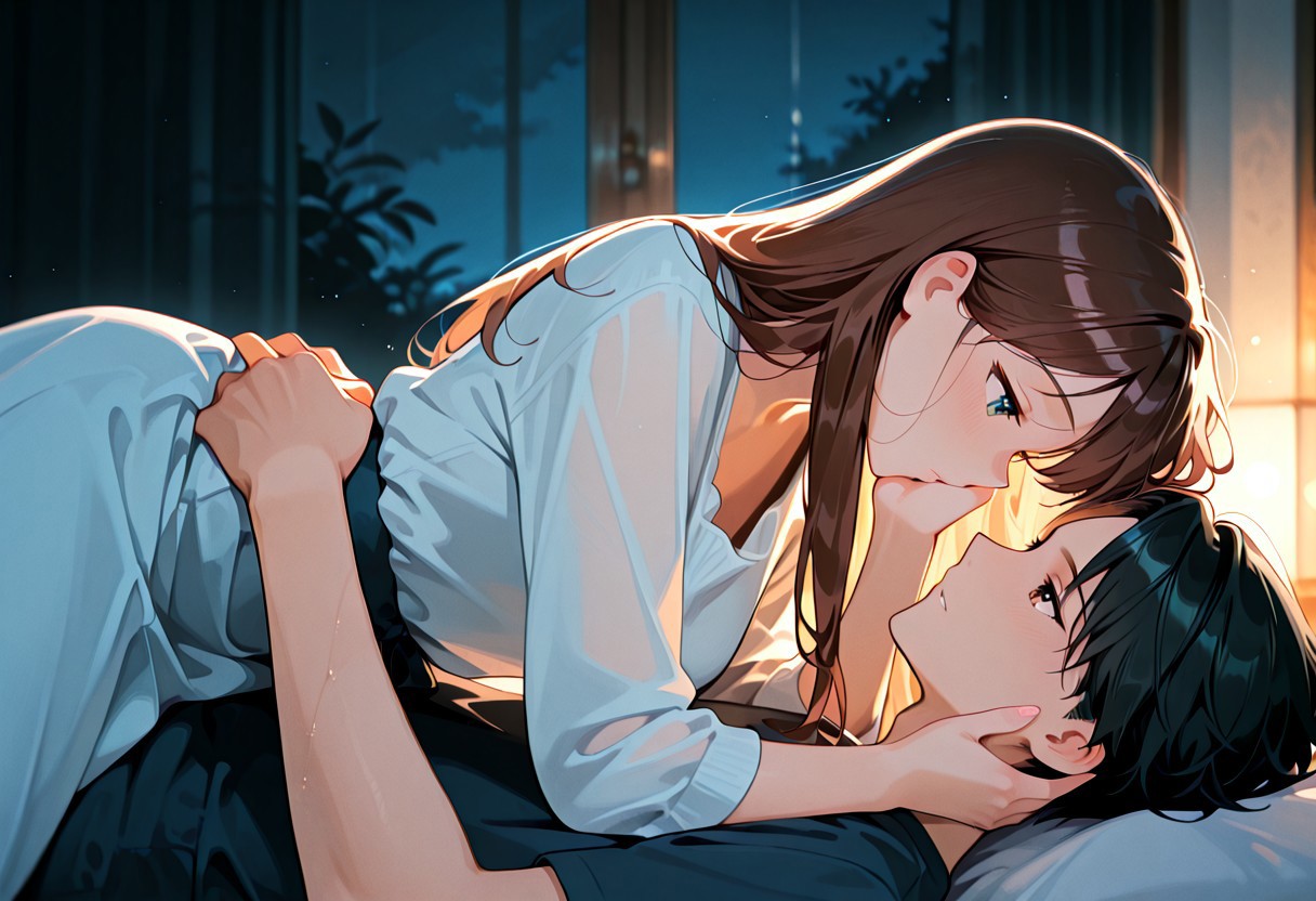1girl/1boy, general, laying on bed, girl on top, hovering, looking at each other, romantic, dim light, sensual, long hair, masterpiece, hand on cheek, holding waist, very aesthetic, absurdres