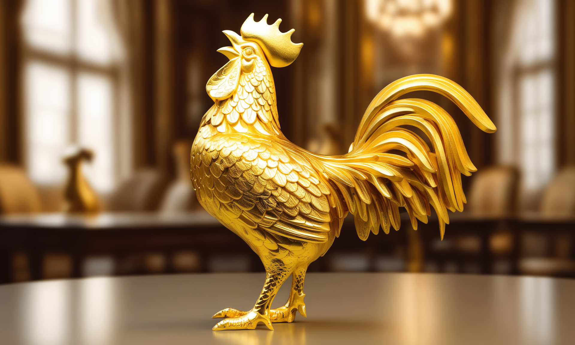<lora:goldcarvingcd_xl-000006:0.8>,a statue of a cock made of golden in office scene,goldcarvingcd_xl,gold carving,indoors,chinese zodiac,wooden table,cutie,cute,still life,animal statue,front view,facing viewer,looking at viewer,(Unbelievable Digital Artwork:1.3),fine art,CGSociety,ArtStation,master works, emotional, harmonious, high budget, moody, epic, gorgeous, perfect lighting, realistic, photorealistic, photographic, photo (medium),real, moody lighting, volumetric lighting, reality ray tracing, 8K, HDR, UHD, masterpiece, best quality, highly detailed, high resolution, finely detail, extremely detailed, ultra detailed, wallpaper