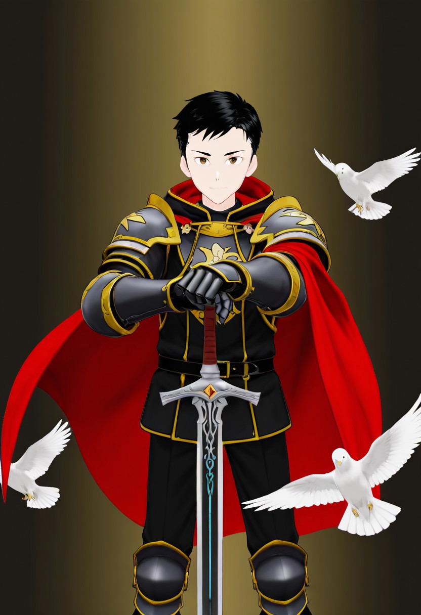 harmard, black hair, short hair, brown eyes, 1boy, solo, solo focus, young, youthful, he is dressed in a suit of dark iron platemail. Break. his right hand is holding up a black coloured sword, Properly holding the sword by the hilt, right hand up, brandishing a sword, his armour bears a crest of a yellow dove. fantasy armour. stylized silver dove emblems and symbols on armour and sheild. Break. epic background is a a beautiful palace. a strong wind is blowing his cape, white coloured armour, ready to fight pose, dawn sky in the background