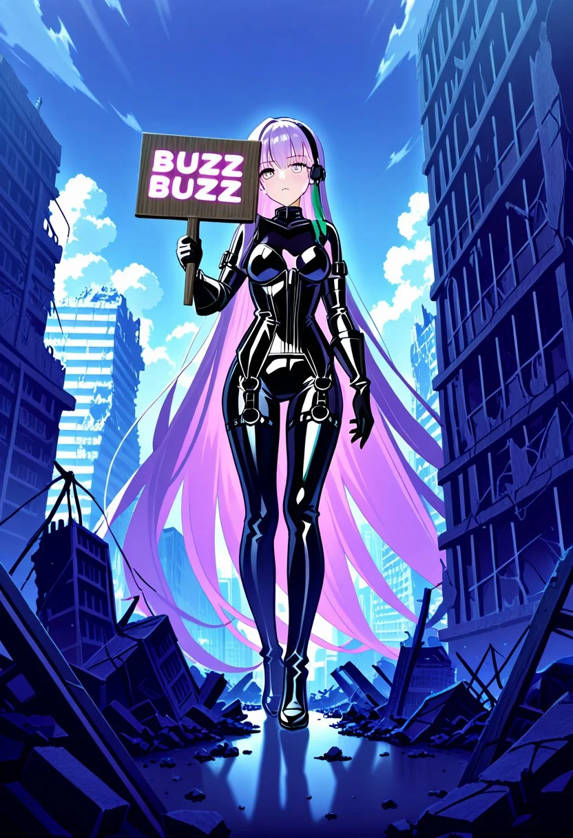 masterpiece, best quality, ultra-detailed, very aesthetic, detailed background, year 2023, very aesthetic, newest, scenery, highres, 4k, absurdres, 8k, colorful,vibrant, glowing, perfect face, 2d, perfect eyes, detailed eyes, 1girl, solo, destroyed city, cityscape, ruins, ruined buildings, city on fire, cloudy, ((masterpiece,)) best quality, full color, ((((full body,)))) kingproteaalter, heterochromia, extremely long hair, purple hair, green ribbons, black latex bodysuit, corset, black elbow gloves, ((((giantess holding sign with text "Faceoffs Require Buzz"))))