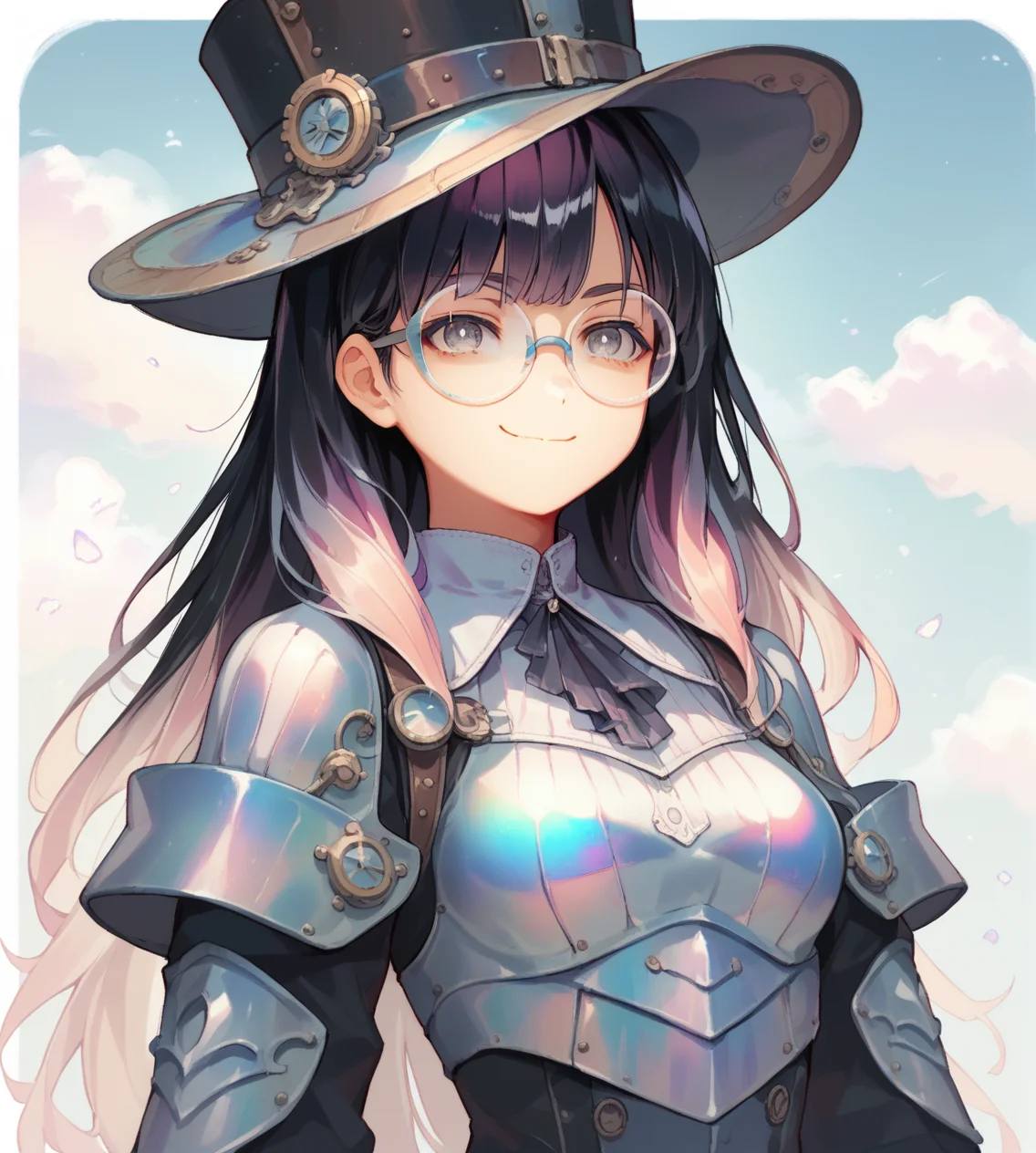 score_9, score_8_up, score_7_up, score_6_up, source anime, 1girl, solo, standing, off shoulder, armor, long sleeves, steampunk, hat, medium breasts, gradient hair, black hair, red tips, long hair, grey eyes, white pupils, smirk, portrait, bangs, closed mouth, round glasses, medium breasts
<lora:iridescent_blocks:0.9>