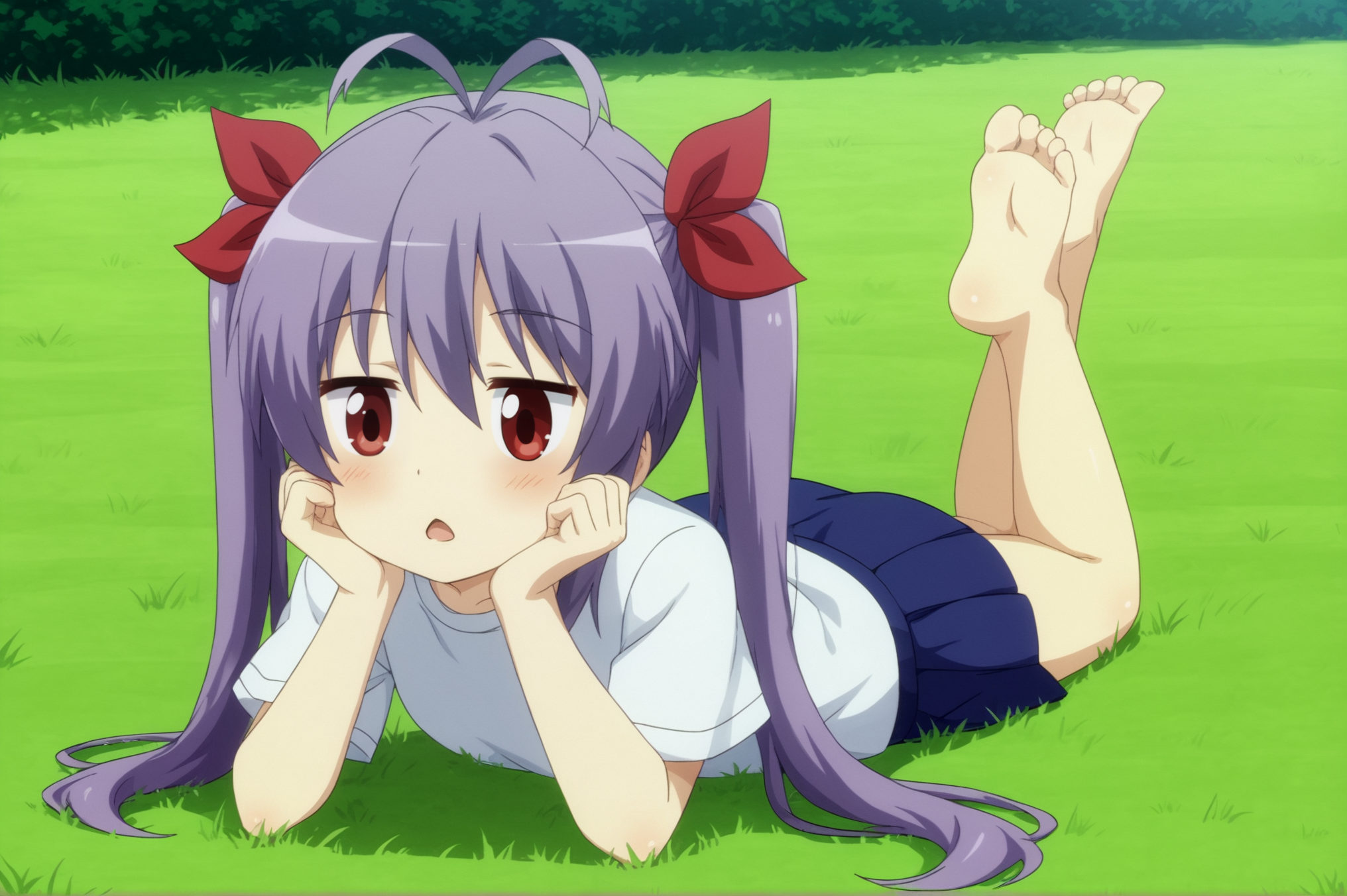<lora:Renge_Miyauchi:0.7>, 1girl, lying, on stomach, antenna hair, twintails, barefoot, long hair, red eyes, skirt, tanuki, purple hair, hair ribbon, ribbon, solo, shirt, soles, blue skirt, blush, open mouth, grass, feet, head rest, the pose, animal, :o, short sleeves, hands on own cheeks, hands on own face <lora:sdxl_lightning_4step_lora:1>