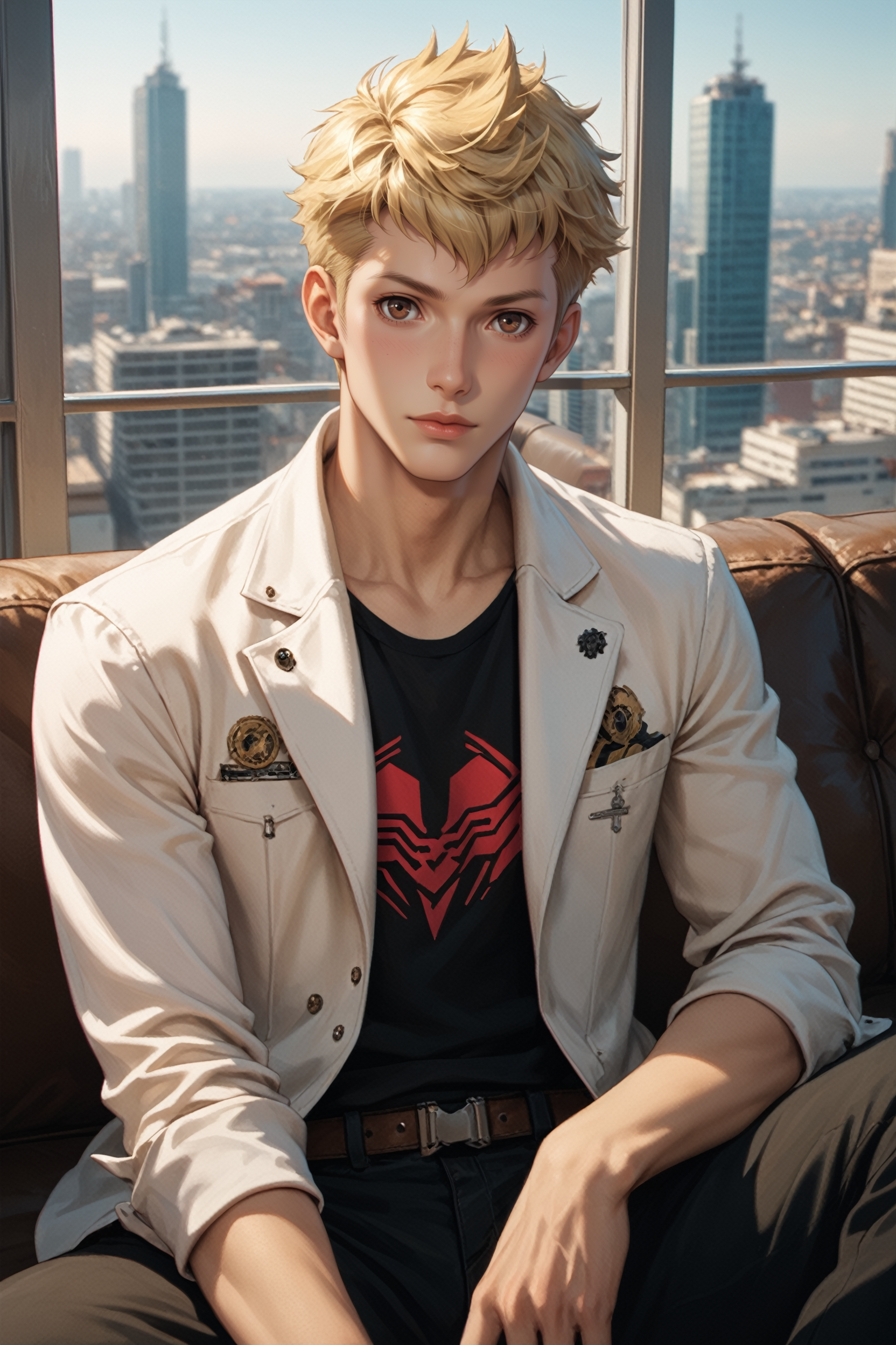 score_9, score_8_up, score_7_up, score_6_up
<lora:P5Ryuji:0.8>
P5Ryuji, 1boy, blonde hair, brown eyes, short hair, looking at viewer, an upscale loft with industrial aesthetics, sharp business attire, large windows with city views, sitting on a leather couch with a confident look