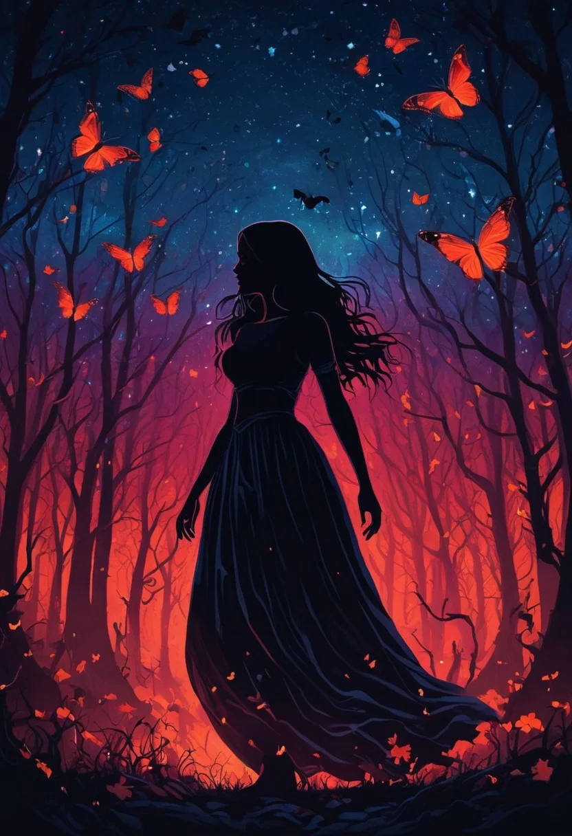 masterpiece, high quality, abstract, 1girl, vampire lady, elegant vampire clothes, centered, side view, black silhouette of a girl, (long flowy hair), flowy skirt, red bloody forest background, ((dynamic pose)), ((flowers)), ((glowing butterflies)), night time, dark theme, starry sky, glowing hair, cinematic, vivid colors, ((saturated neon colors)), perfect hands, anzhcdreamwave, aesthetic, Perfect Hands, aurora borealis, glowing halloween pumpkins, bats