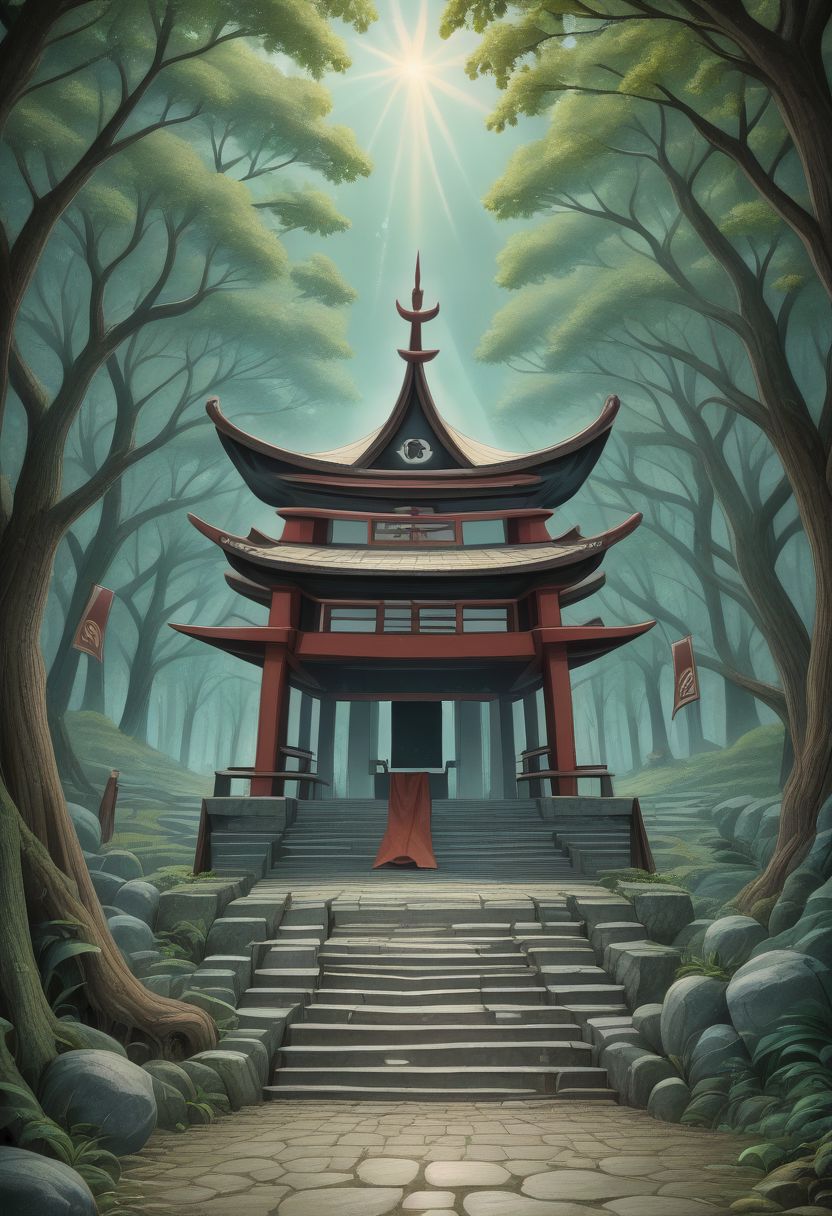 a shrine dedicated to forest spirits, adorned with mysterious runes, spirit offerings, prayer flags, rune stones, incense burners, dense forest in background, moss-covered shrine and flickering candles in foreground, dappled green lighting, serene atmosphere, watercolor style with soft textures, anime, isao takahata style, earthy color palette, lens diffusion, leaf shadows, god rays, glowing auras