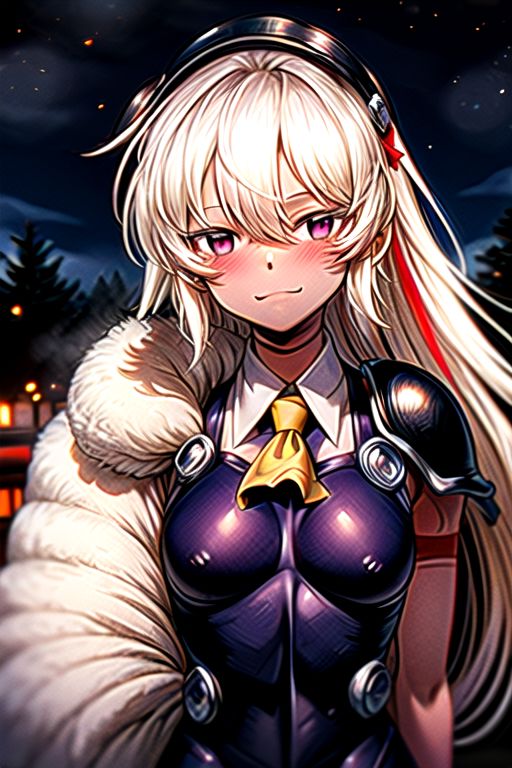 best quality 1girl Setsun4 solo long hair,  (night time) forest background black hair very long hair purple eyes multicolored hair armor, small, (fur trim) (medium body),<lora:EMS-179-EMS:0.800000>,<lora:EMS-293862-EMS:0.800000> bow, hair_bow, hair_tubes, red_bow, brown_hair, long_hair, bangs, ascot, frilled_bow, yellow_ascot, blush, smile, hair_between_eyes, athletic, armor, miko, strengthmda,  Smiling, happy, (helmet), M43 field cap