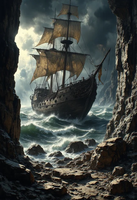 a dramatic, high-contrast shot of a wrecked wooden ship with torn sails, crashed on a rocky shore. the ship's hull is battered and worn, with jagged cliffs and a stormy sea in the background. the sky is dark and cloudy, with faint beams of light breaking through. the overall vibe is ominous and atmospheric, with smooth textures and soft lighting. the shadows are soft and the colors are muted, giving it a gloomy, misty feel. the ship's sails are torn and hanging loose, adding to the sense of abandonment and decay. the whole scene is framed by the dark, cloudy sky, making the wrecked ship look even more isolated and dramatic. the composition is strong, with the ship's wreckage taking up most of the frame. mythp0rt, aidmaMJ6.1