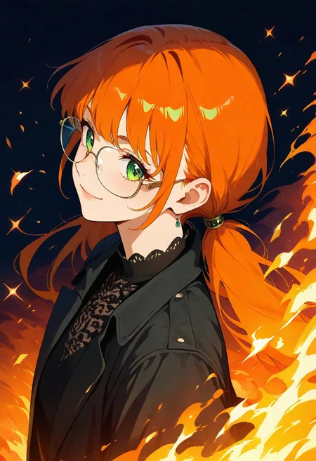 masterpiece, intricate details, best quality, very aesthetic, absurdres, very awa, 2000x anime art style, green eyes, glasses, dark orange hair, hair hanging on the cheeks, bangs, low tied-up twintails, black dress, coat, fire sparkles, from side, from above, smile