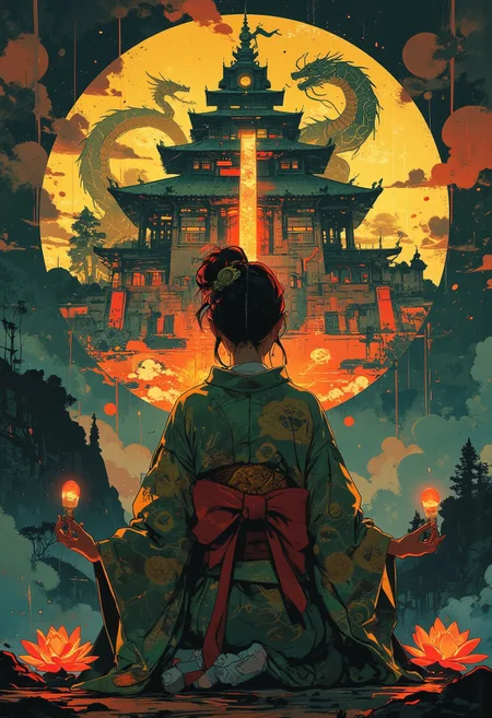 A serene geisha meditating before a sacred temple, with glowing orbs of light and golden dragons spiraling around her, as her kimono shifts like liquid silk, adorned with crane and lotus patterns