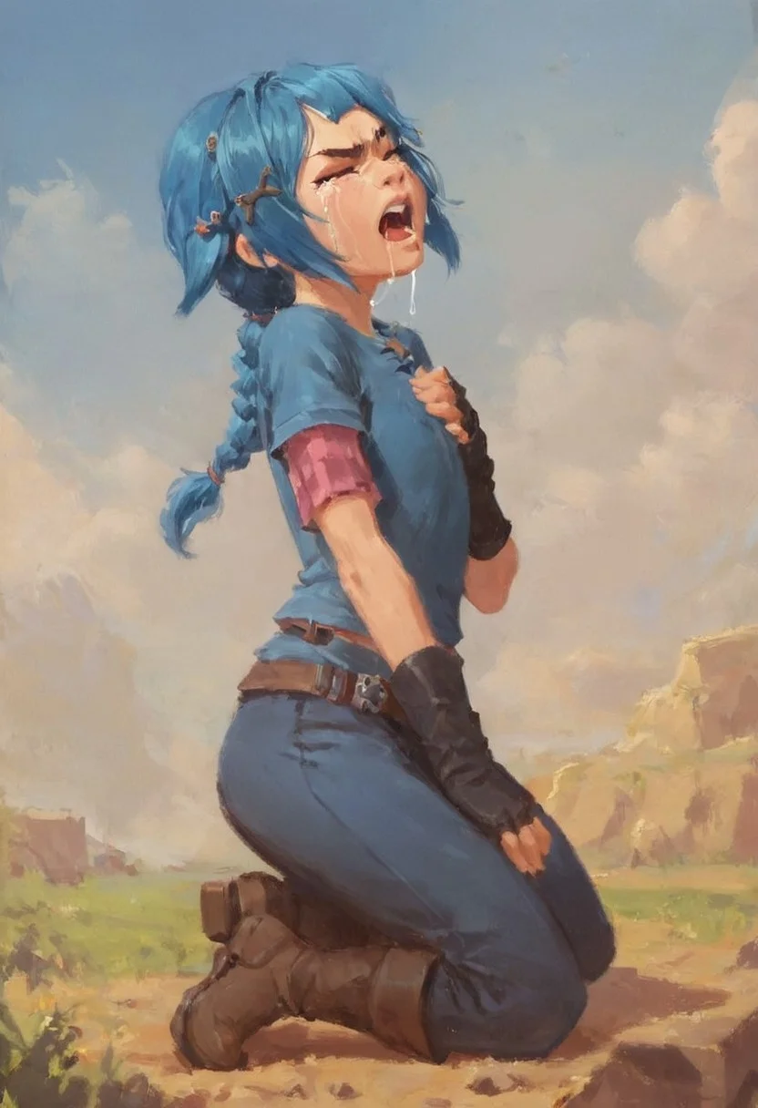 score_9, score_8_up, score_7_up, score_6_up, score_5_up, score_4_up, rating_safe, masterpiece monet painting , PowderJinx, Blue hair, side view,  crying, open mouth,  saliva, hands 
 on chest,  eyes closed, expressive face, cute, young, age downed, (solo:1.2), kneeling , full body, battlefield background , angry,  alone