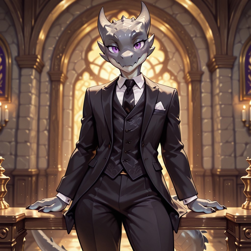 masterpiece, best quality, amazing quality, very aesthetic, solo, 
kobold, furry dragon, tail, short stature,
1boy, male focus, grey skin, purple eyes, black formal costume, 
looking at the viewer,
fantasy background, blurred background,