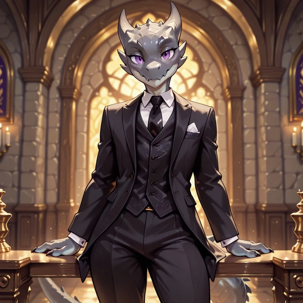 masterpiece, best quality, amazing quality, very aesthetic, solo,
kobold, furry dragon, tail, short stature,
1boy, male focus, grey skin, purple eyes, black formal costume,
looking at the viewer,
fantasy background, blurred background,
